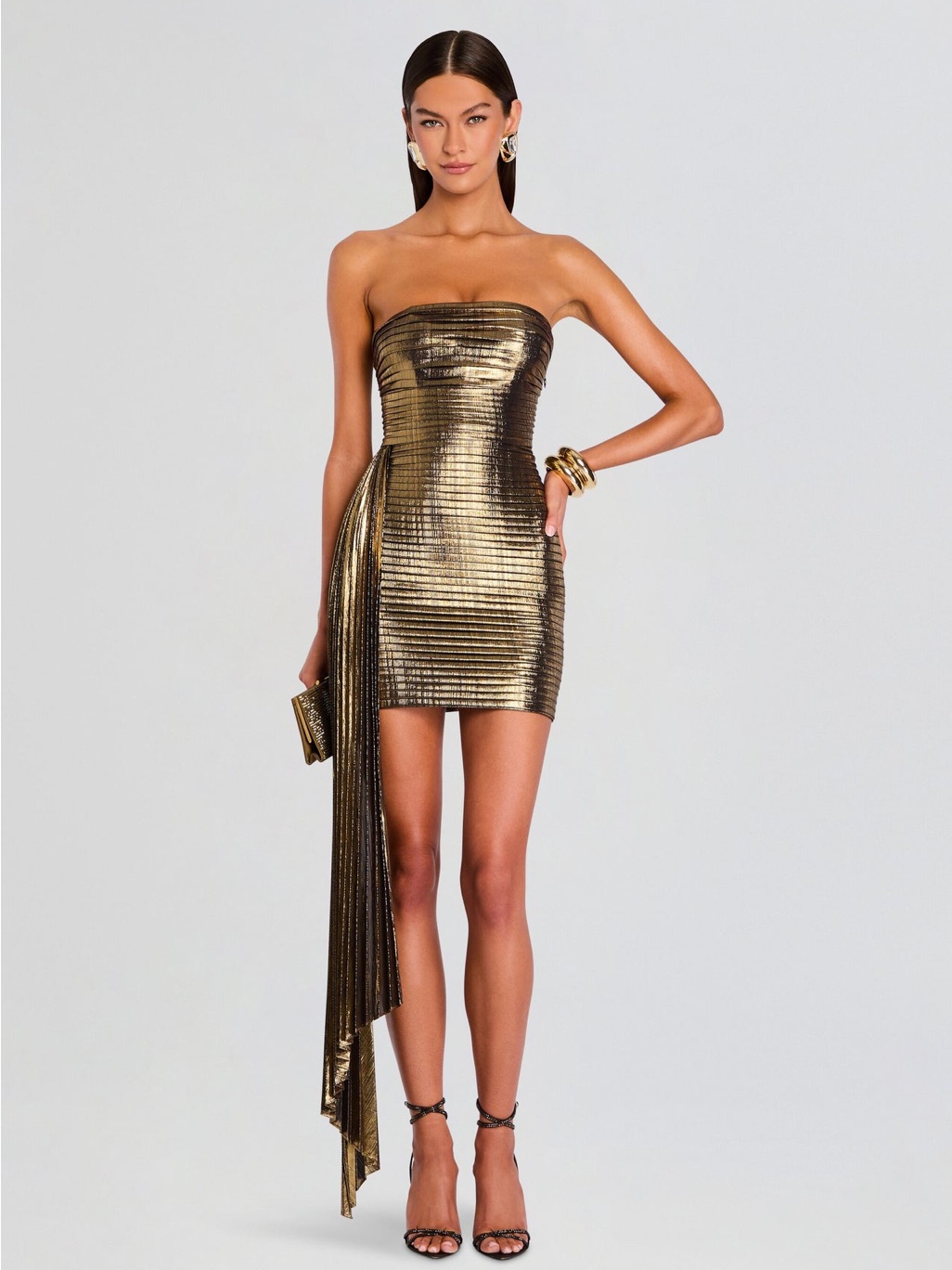 Retrofte Strapless Metallic Gold Mini Dress With Draped Sash (Nwt)